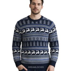 Aspen Mens Reindeer Fair Isle Christmas Sweater Navy Blue 100% Cotton Medium NEW